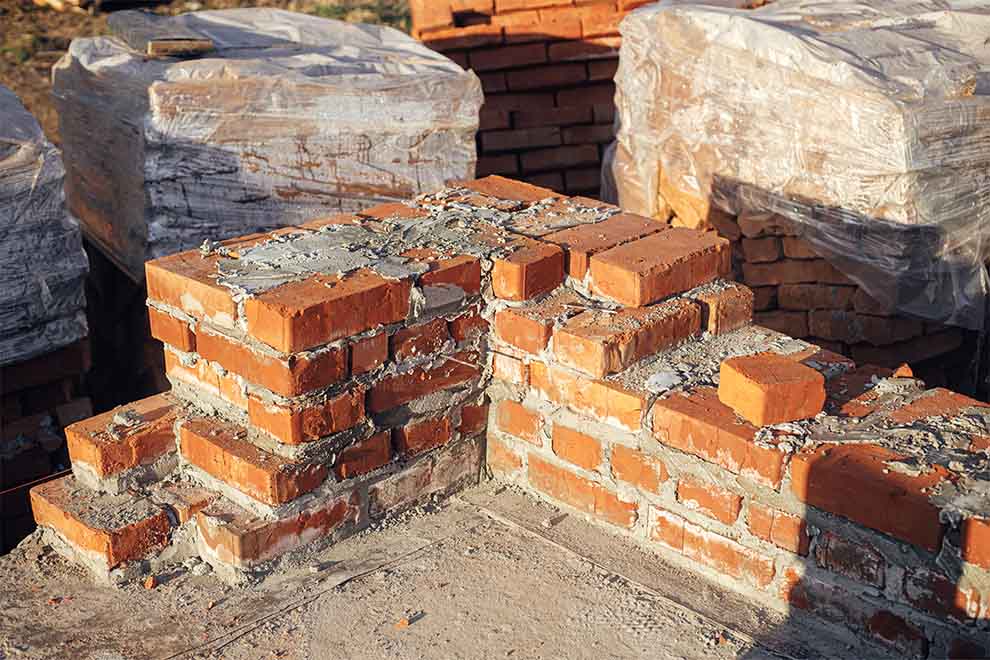 uma parede de tijolos sendo construídas com o uso da alvenaria estrutural e concretos para liga